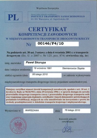 Zertifikat der Berufskompetenzen für - Paweł Skorupa